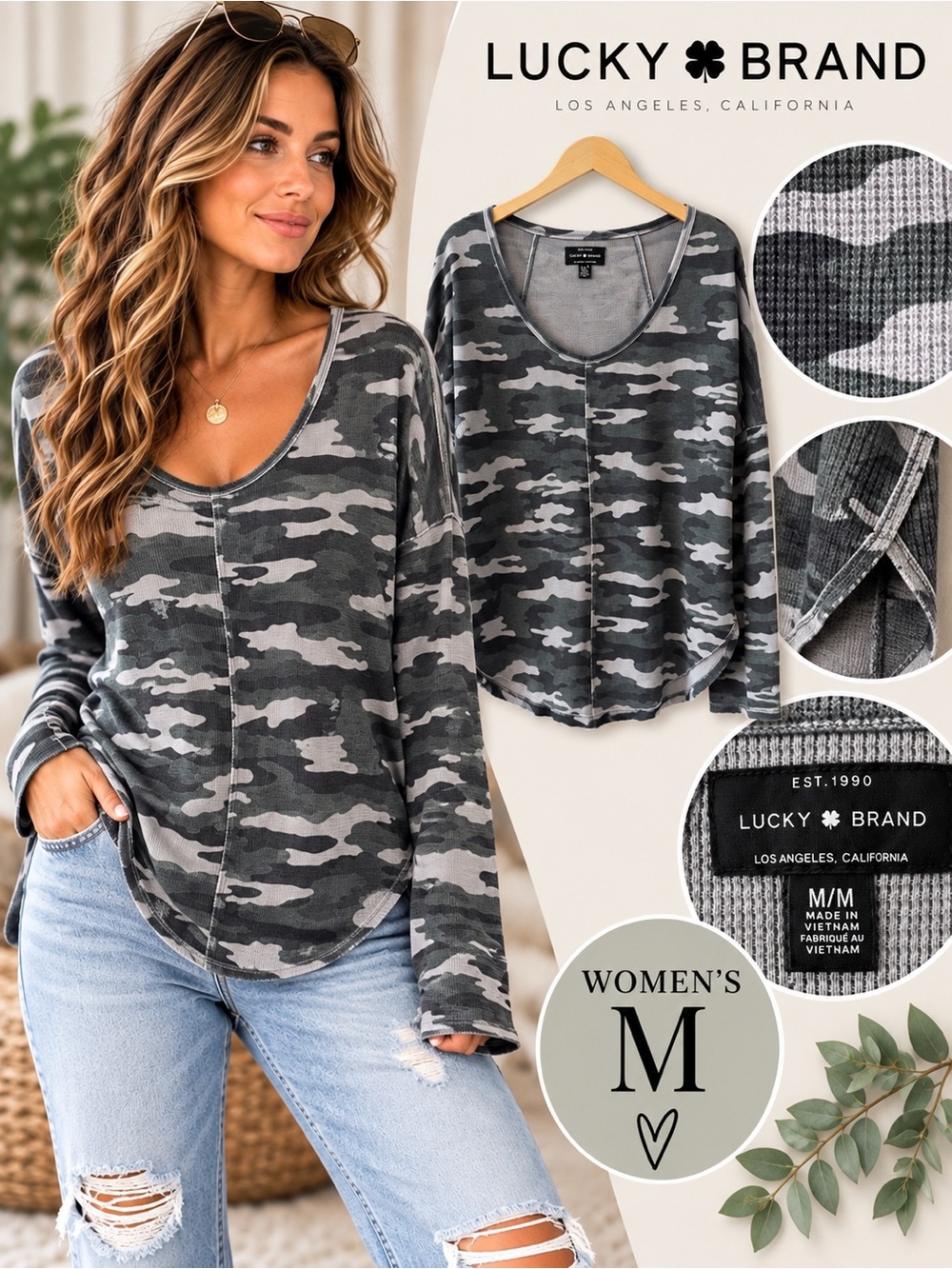 Lucky Brand Women's Gray Camo Long-Sleeve Top